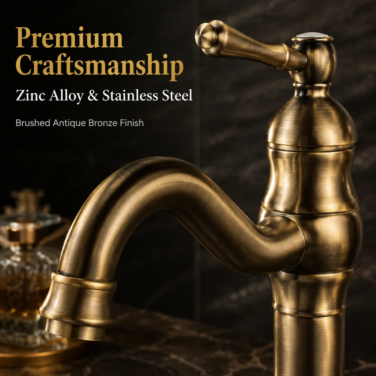 Vertical raised retro basin faucet brushed antique gold zinc alloy stainless steel material single hole installation bathroom co