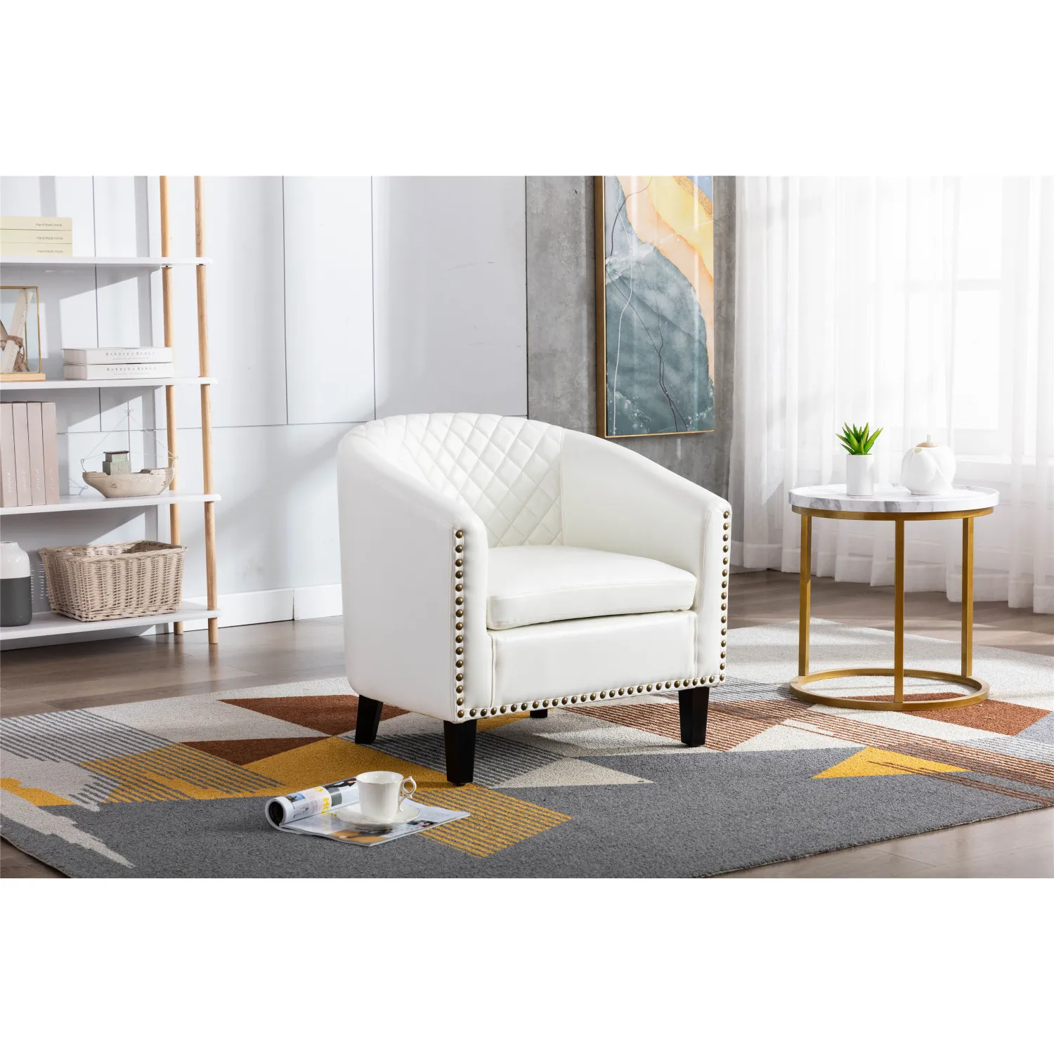 COOLMORE accent Barrel chair living room chair with nailheads and solid wood legs white pu leather