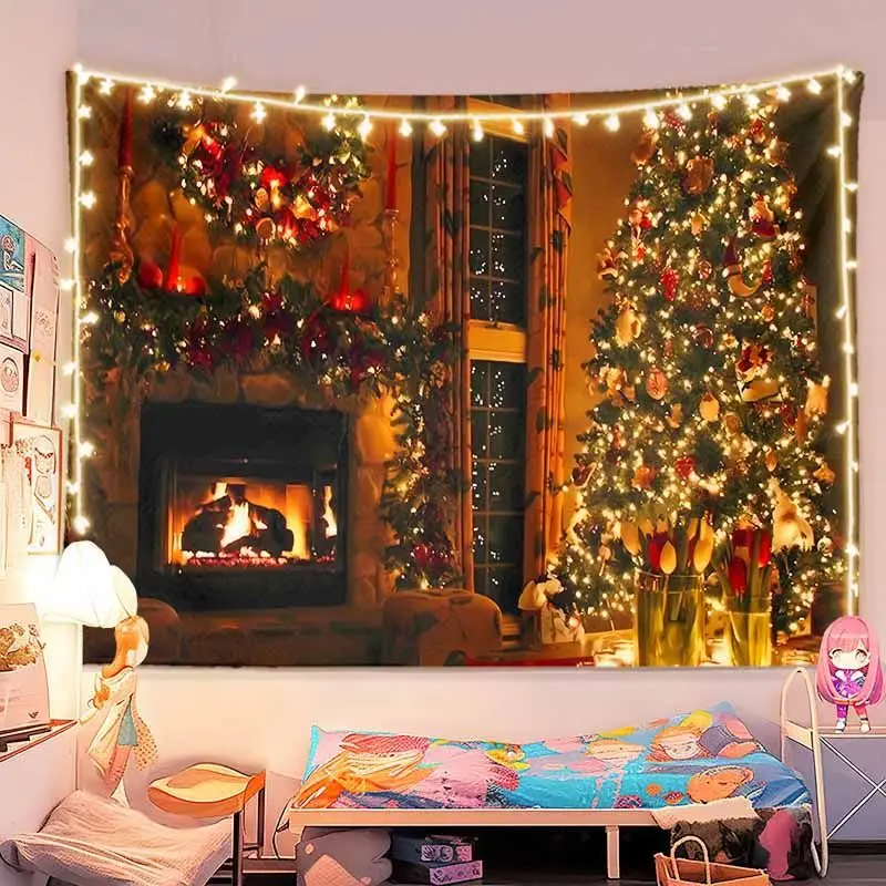 VIKAMA Wall Tapestry Christmas Stone Fireplace Glowing Tree Wreath Candle Curtain Winter Holiday Wall Hanging Home Decor Living
