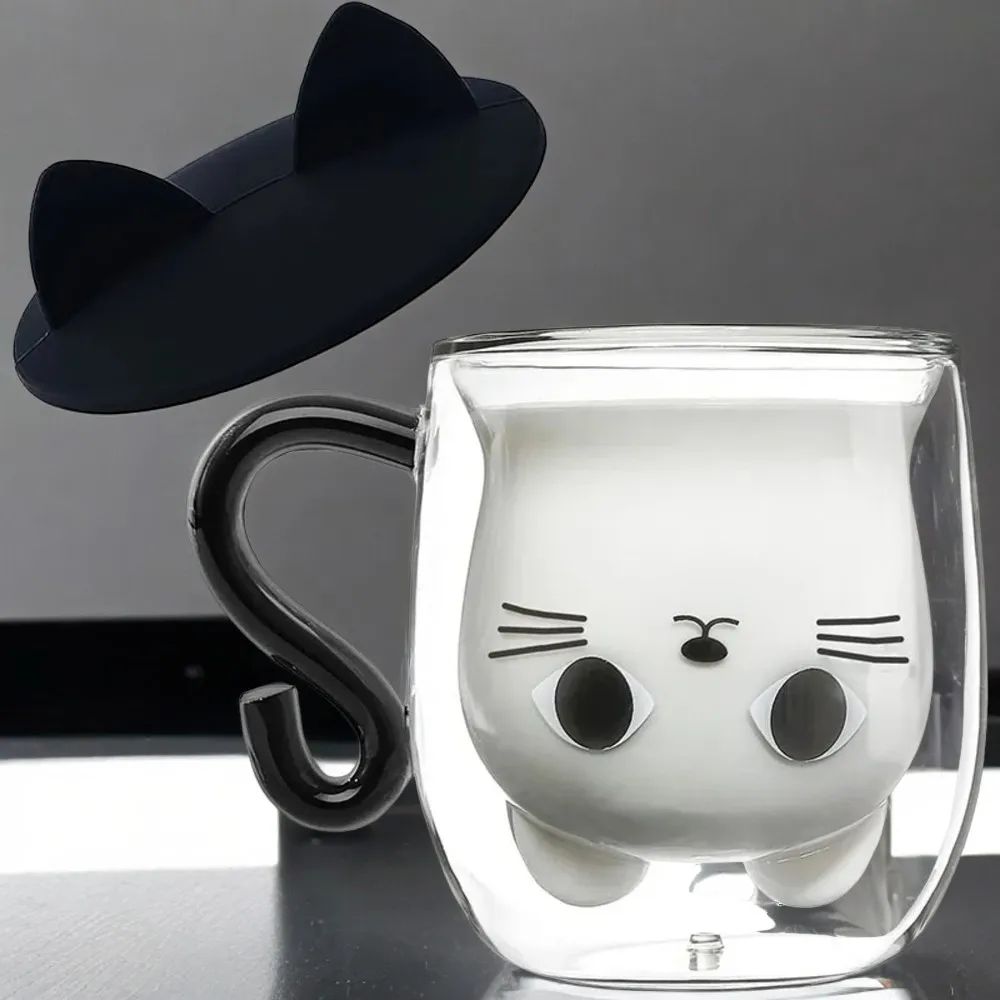 Adorable Double Walled Glass Coffee Cat Mug with Lid - Cute Kawaii Cat Presents for Tea Lovers and Cat Enthusiasts - Unique Hand