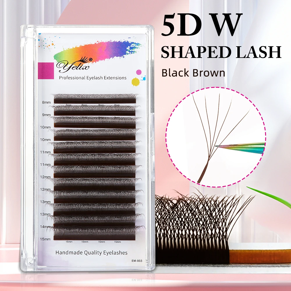 Yelix 5D W Shaped Black Brown Eyelash Extensions Natural Fluffy Soft False Lashes Premade Volume Curl Easy Grafting Professional