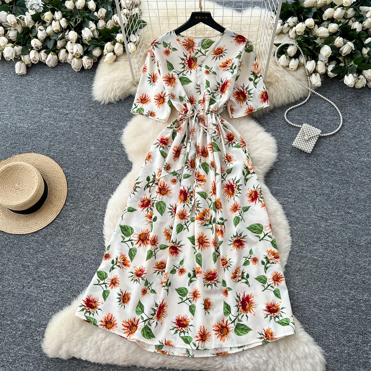 エレガントなドローストリング半袖ヴィンテージシックなスリムボールガウンドレスフレンチイブニングハイストリート服