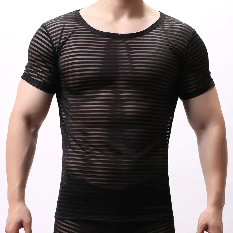 Men Undershirts Mesh Striped Transparent Tops Tee camiseta interior hombre Casual Muscle Bodybuilding Fitness T-shirt Underwear