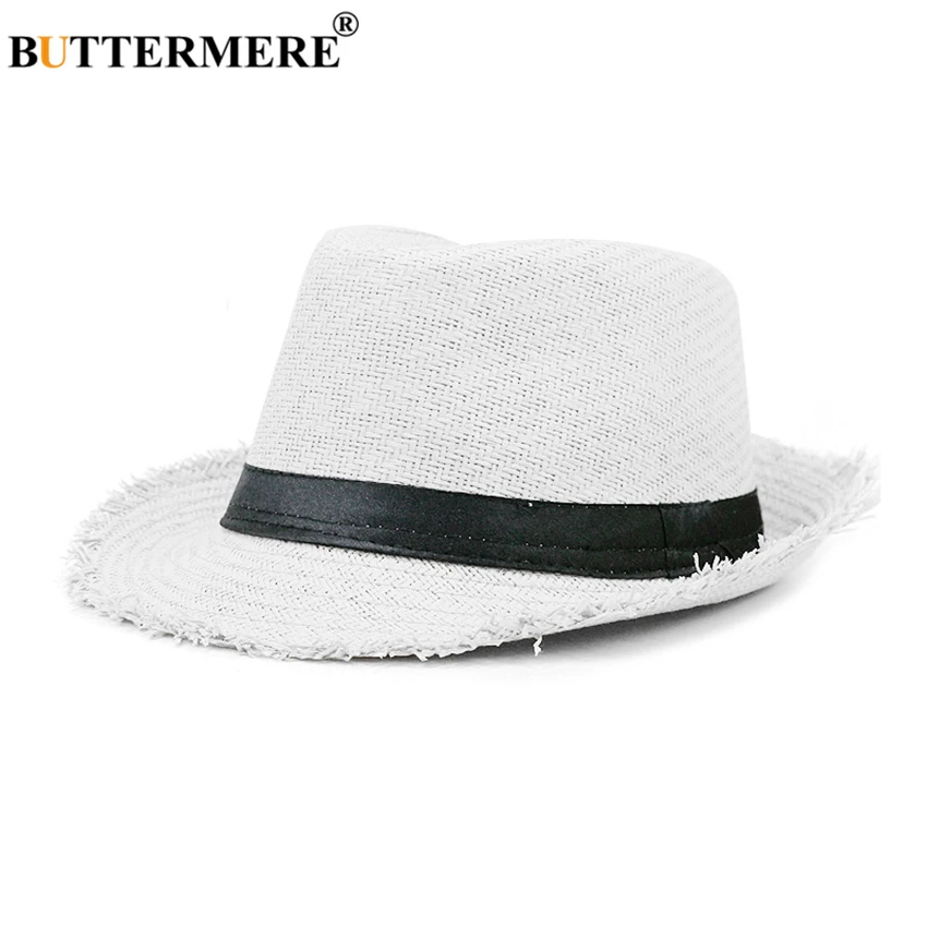 

BUTTERMERE White Straw Hat with Frayed Edges for Men Panama Hat Summer Style Sun Hat Beach Classic Male Travel Caps Trilby Hats