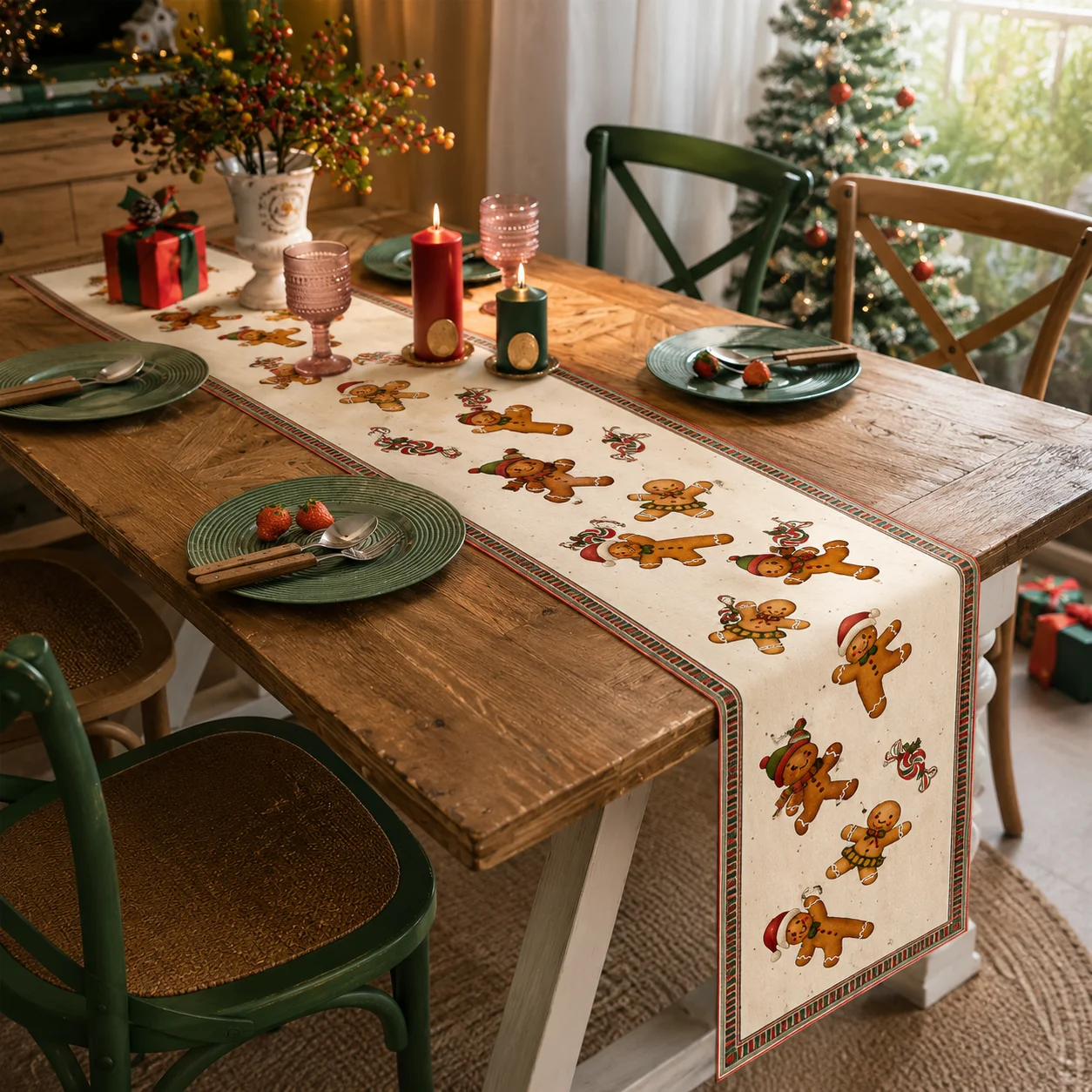 Christmas Table Runner Gingerbread Xmas Holiday Dining Table Decor Candy Cane Cookie Kitchen Tablecloth Winter Party Home Decor