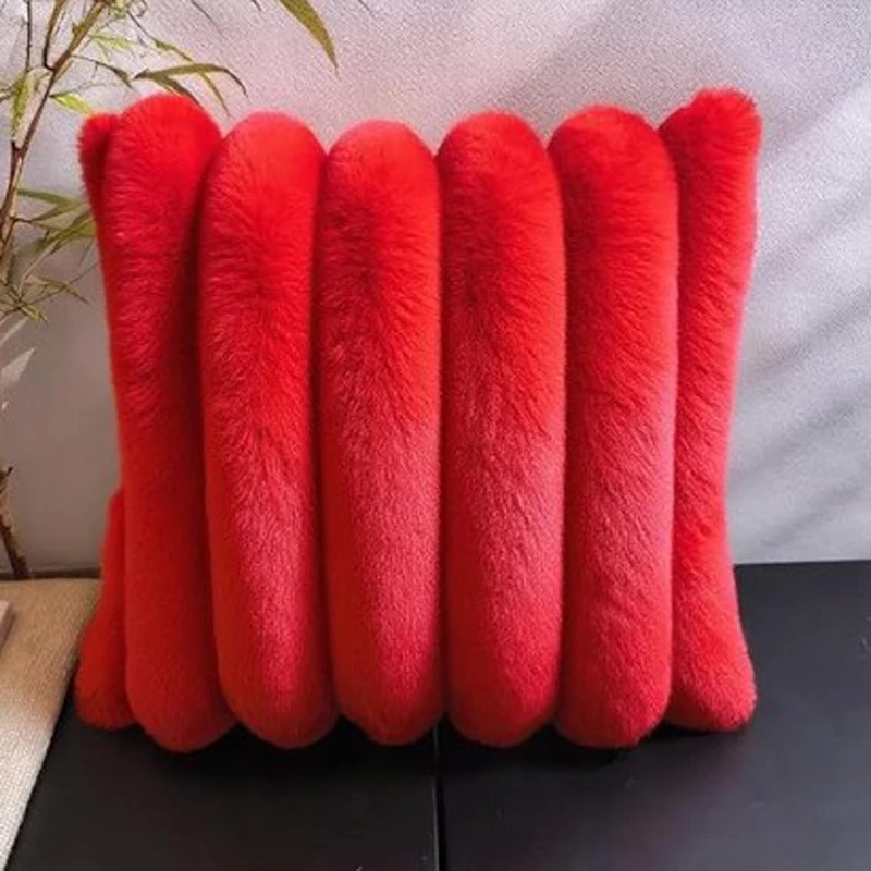 

INS Soft Rabbit Fur Cushion Cover 3D Wide Stripe Simple Square Pillowcase Living Room Sofa Home Decor