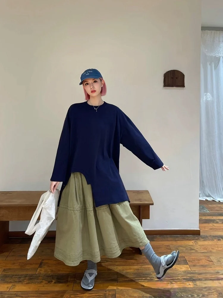 

Весна 2026: Новая женская свободная юбка-трапеция с эффектом похудения, повседневная, с эластичным поясом, в японском стиле, средней длины, фасон «зонтик»