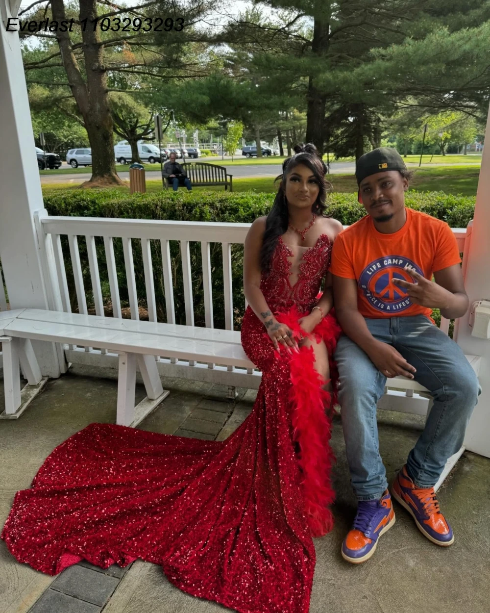 EVLAST Customized Sexy Black Girls Sequins Red Prom Dress Feather Crystal Beaded High Slit African Party Aso Ebi Gown TPD178