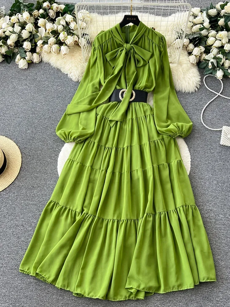 Women Autumn Dress French Vintage Leisure Time Bowtie Lace Up Lantern Long Sleeve Waist Wrapped Chiffon Slim Style Dress D4346