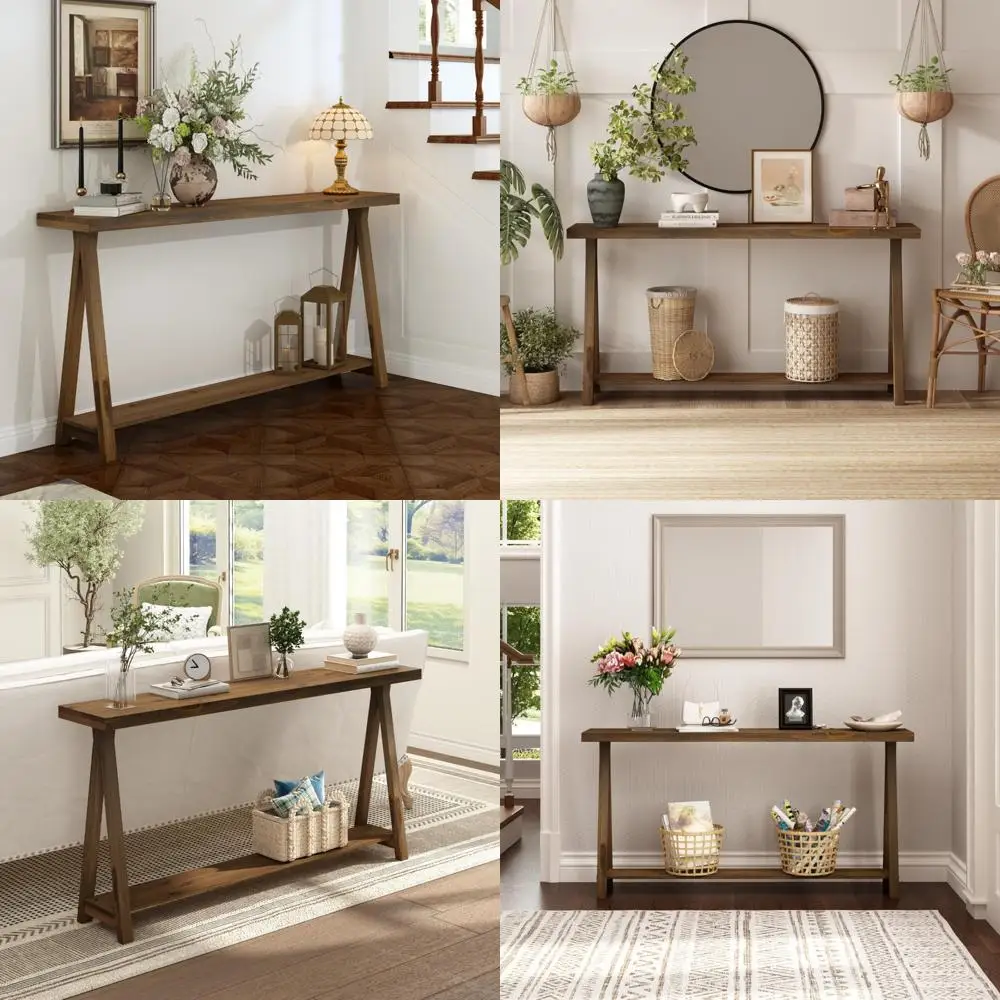 Rustic Solid Wood 2-Tier Console Table for Living Room, 63 Farmhouse Sofa Table, Natural Entryway Hallway Furniture