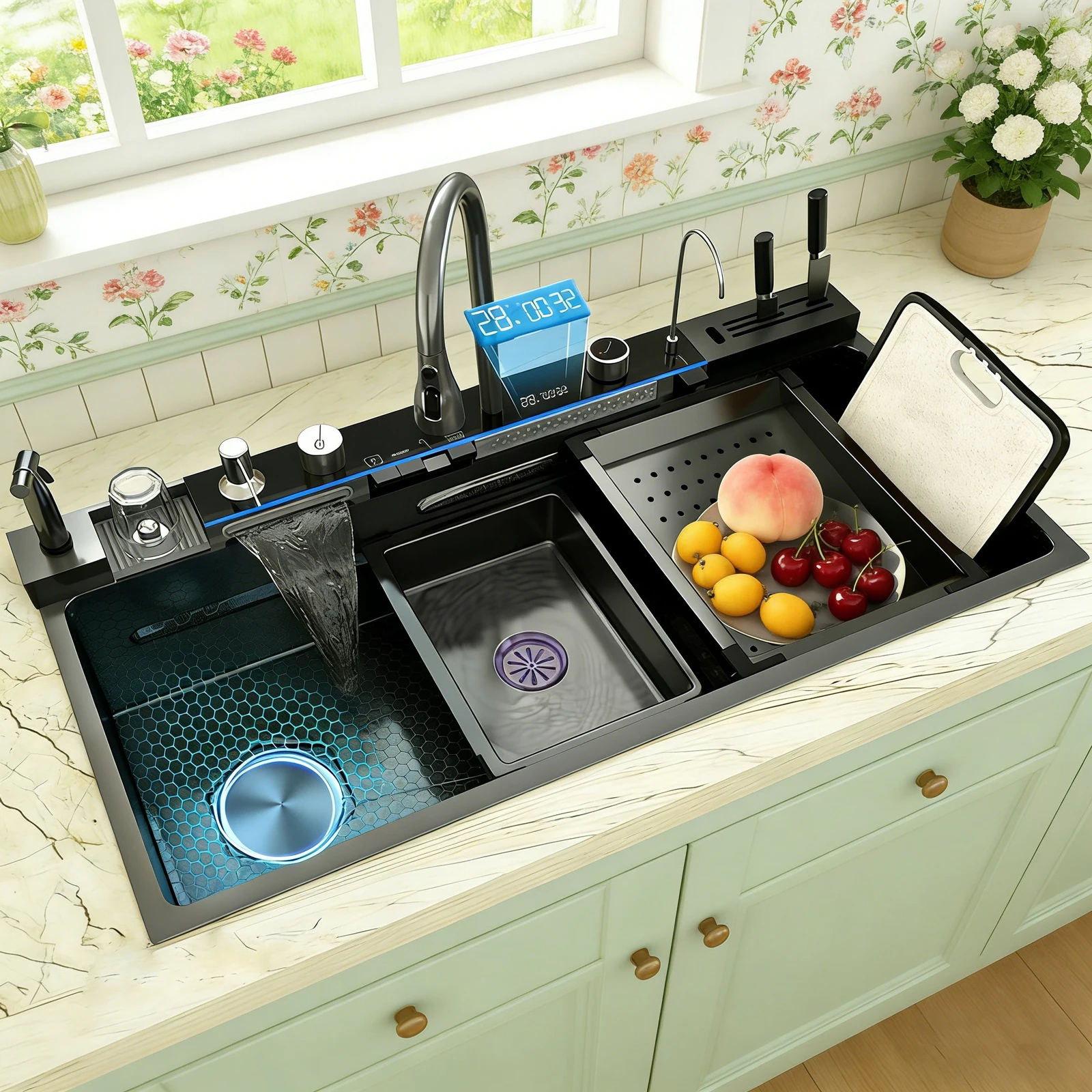 100x50CM Stainless Steel 3.0-5.0mm Thick Multifunctional Waterfall Large Single Bowl Kitchen Sink With Faucet