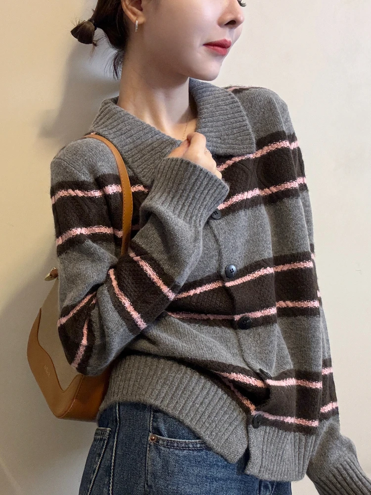 

Trendy Striped Knit Cardigan Long Sve Turn-down Collar Autumn Winter Ladies Casual Loose Fit Knitted Sweater with Buttons