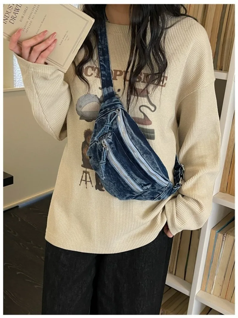 Women's Vintage Washed Denim Bag  Multi-Pockets, Adjustable Strap Crossbody Fanny Pack for Daily Errands and Outdoor Activities