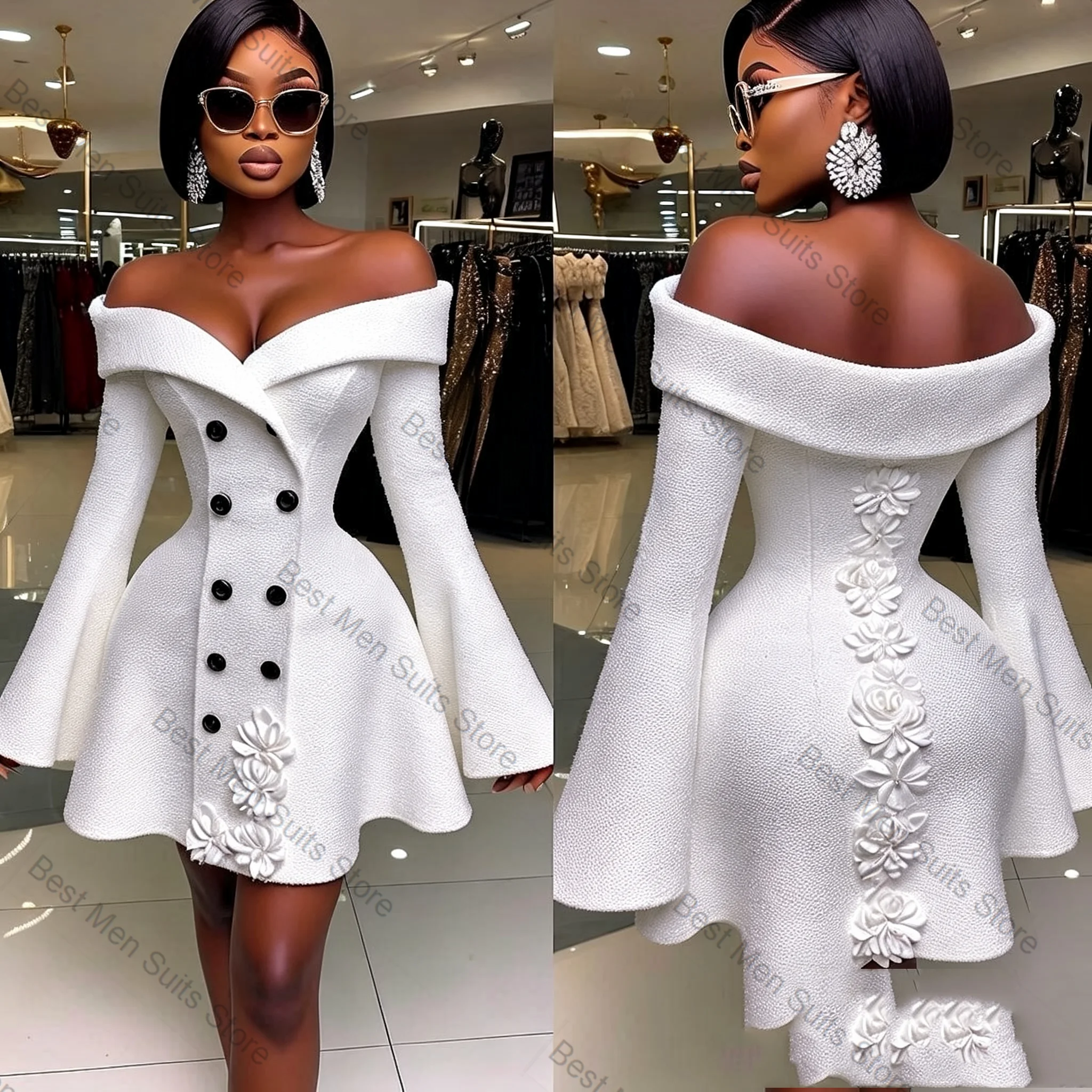 

Sexy White Women Suit Skirt 1 Pcs Long Blazer Off Shoulder Prom Dress Formal Office Lady Jacket Customized Wedding Guest Coat