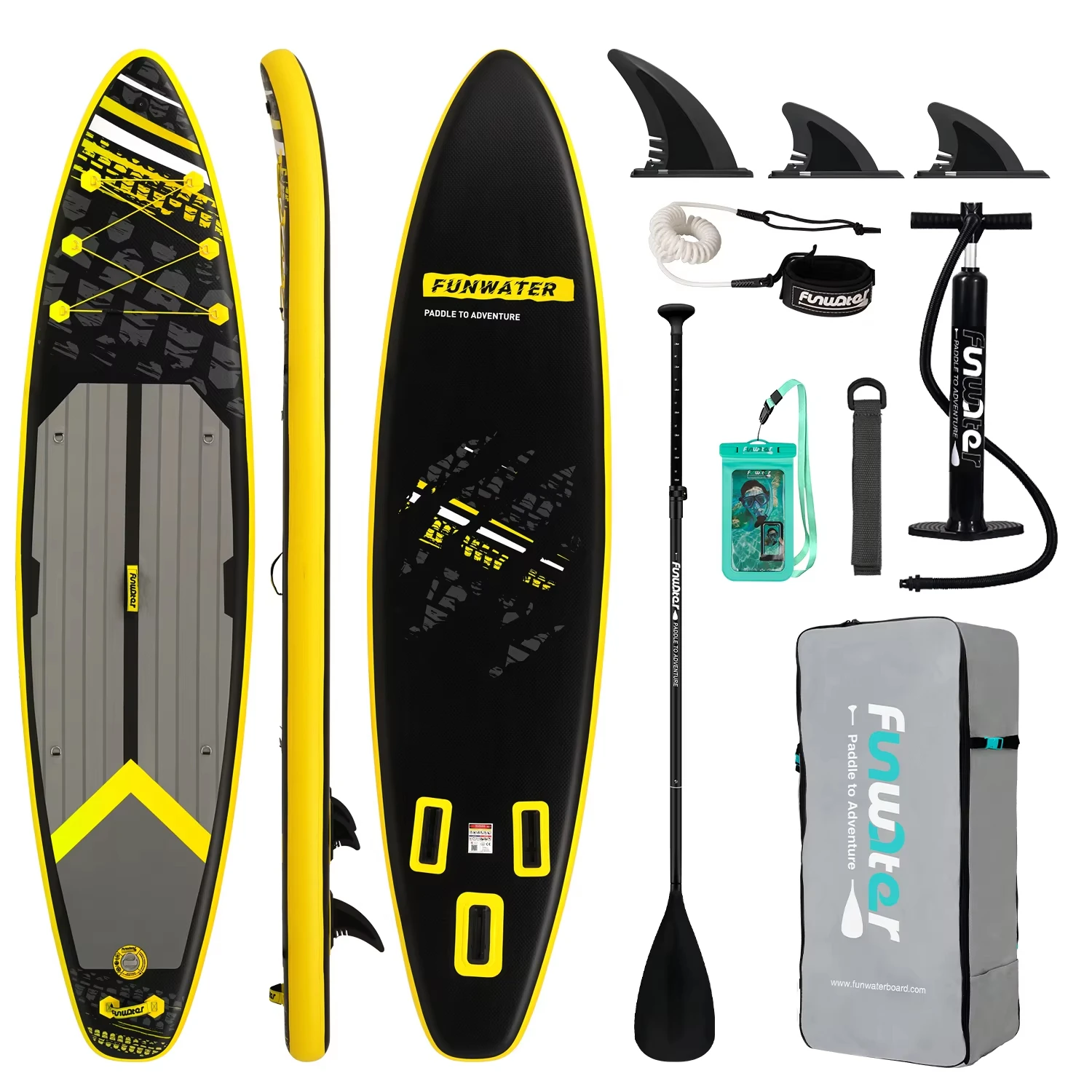 Funwater SUPFW16K Aufblasbares Stand-Up-Paddleboard 350x84x15cm SUP-Board 180kg Tragkraft für Erwachsene mit verstellbarem Paddel, 3 Finnen, Sicherheitsleine, wasserdichter Tasche, Tragegurt,