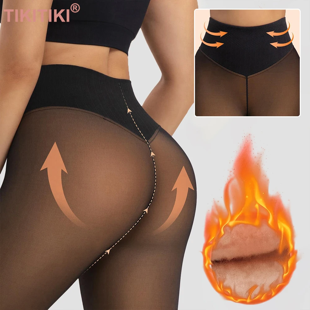 Plus Size One Seam Fleece Lined Tights Fake Sheer Warm Pantyhose Thick Winter Leggings Compression Control Top Stockings