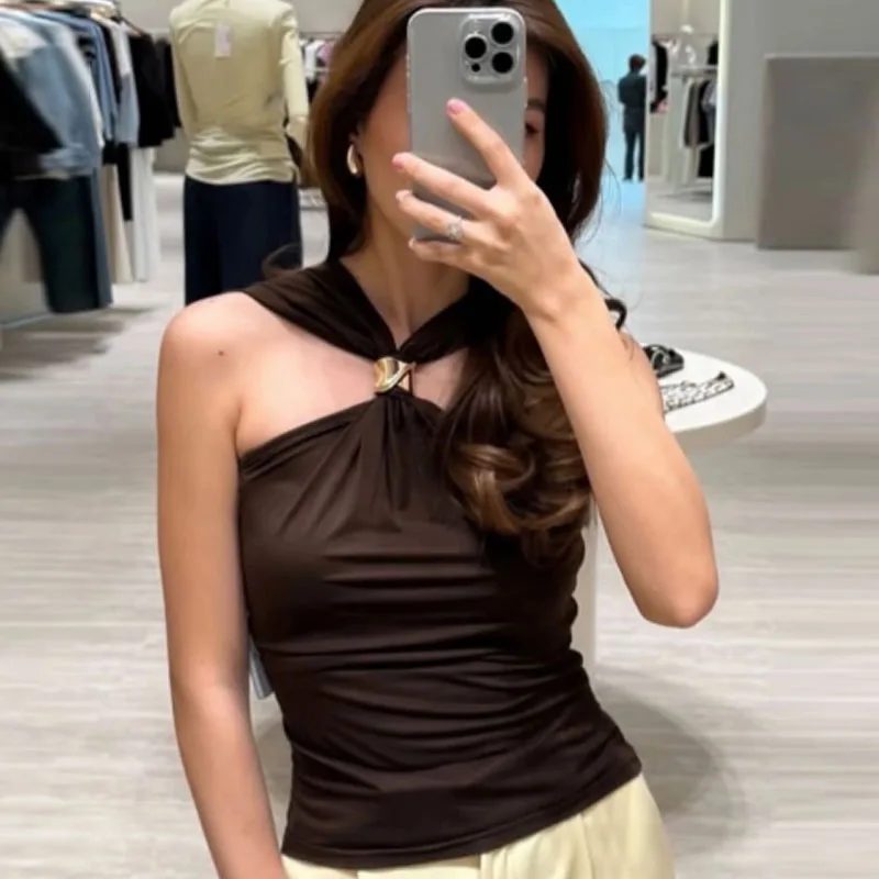 HXAO, Top corto con cuello Halter para mujer, camisetas sin mangas y camisola marrones ajustadas de punto para mujer, Tops ajustados sexis con hombros descubiertos y espalda descubierta para mujer, chalecos de moda