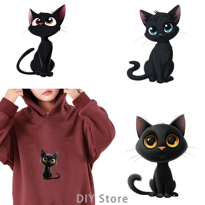 Big eyes black cat dtf patches for clothing Heat Transfer Patches Stickers Thermal for Clothing iron on heat transfer.