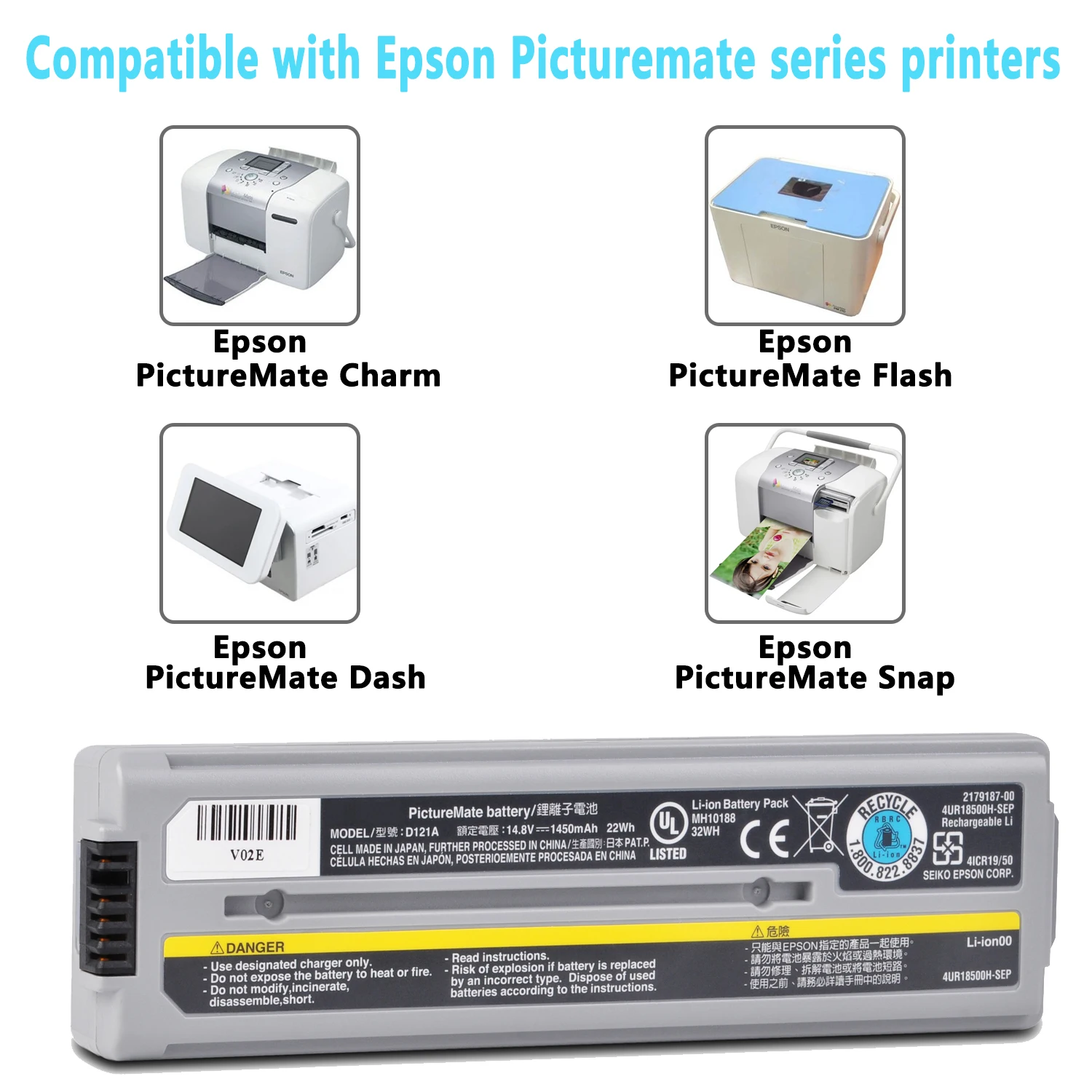 1450mAh Li-ion D121A Printer Battery for Epson PictureMate Charm PM 200 ,Printer Charm PM 225 Accumulator