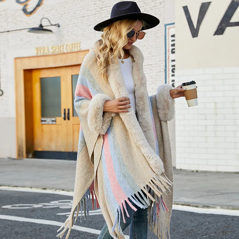 YJKDYK 2024 Autumn Winter Women\'s Hooded Cloak Female Velvet Edge Striped Knitted Fringe Shawl Women\'s Thicken Warm Jackets