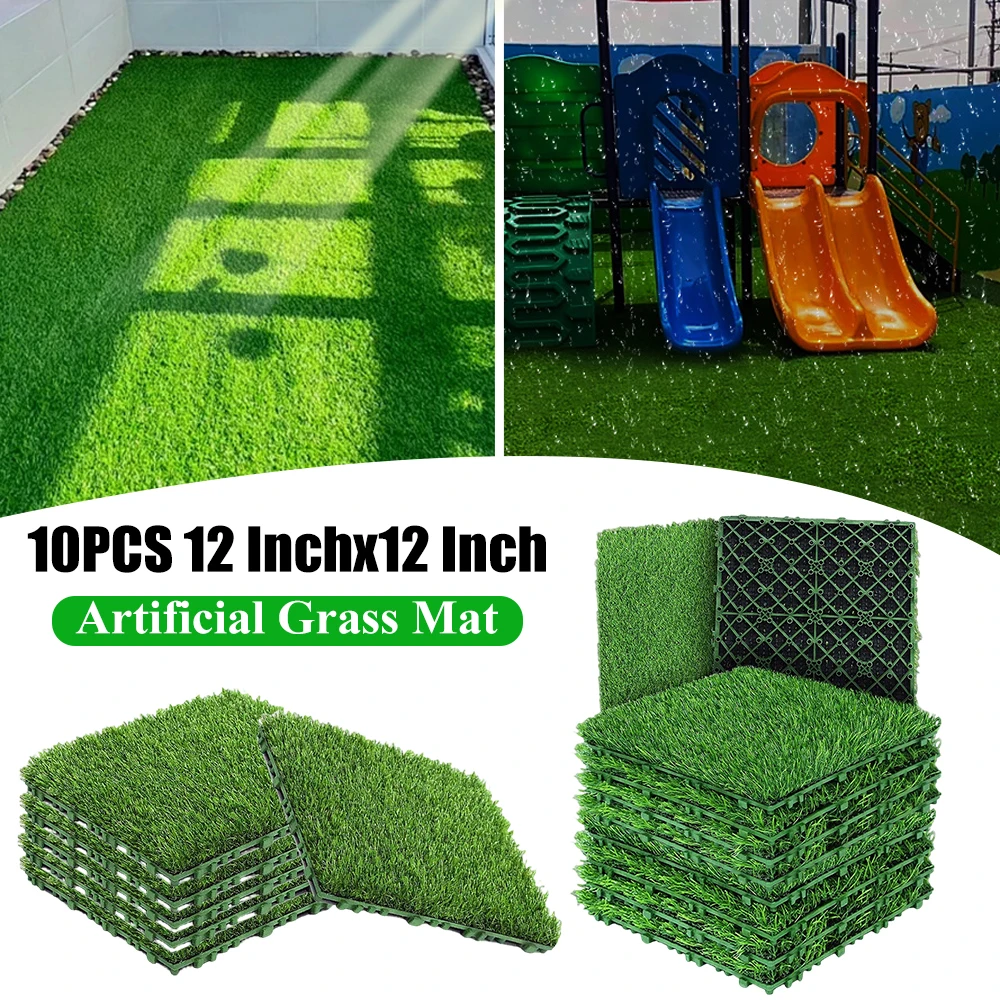 10 Pcs 12 Inchx12 Inch Fake Grass Deck Turf Tiles Interlocking Grass Deck Tiles Turf Mat Grass Rug for Garden Lawn Patio Balcony