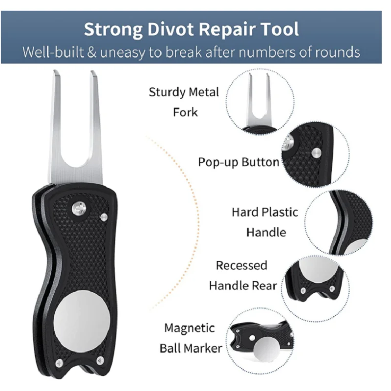 Foldable Golf Divot Repair Tool with Magnetic Ball Marker and Pop-up Button Green Tool Accessories with Metal Fork Tine