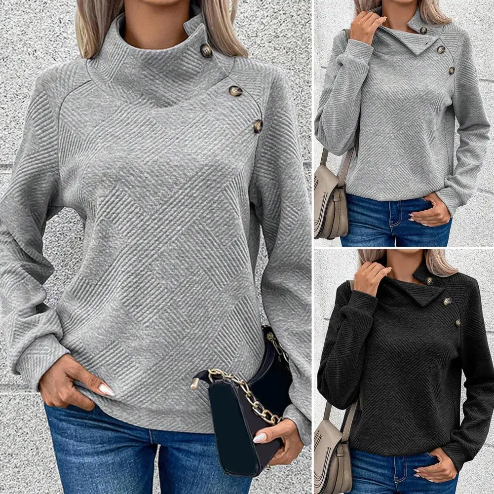 Women Fall Top Cozy Stand Collar Women's Sweatshirt with Slant Button Decor Elastic Cuff Thick Warm Loose Pullover for Fall