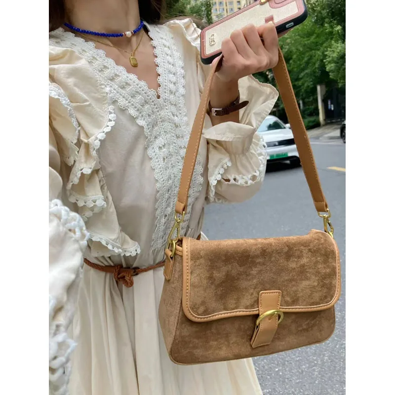 Korean Fashion Vintage Faux Suede Fabric Shoulder Bag High-End Texture Women\'s New Velvet Underarm Bags Large Capacity Handbag