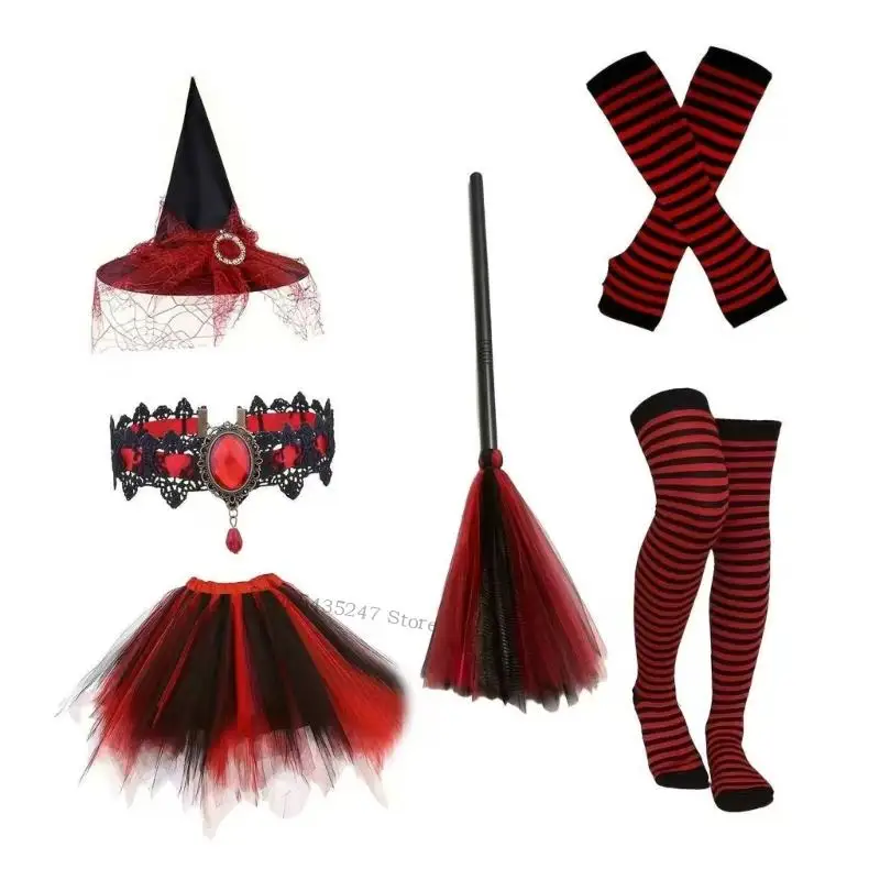 Halloween Witch Costume Accessory Set, 6 Piece Gothic Costume Outfit with Tulle Skirt Hat and Broom for Cosplay