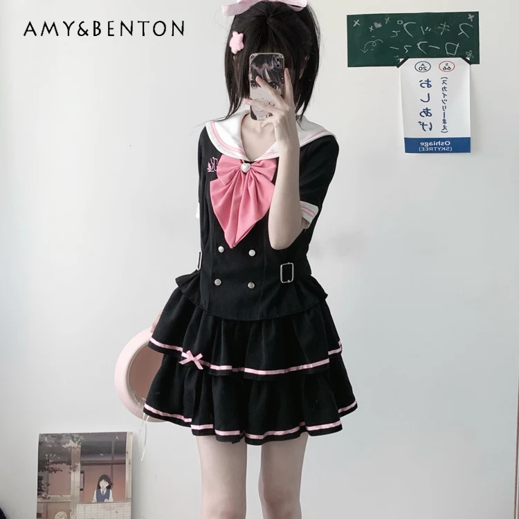 

Японский наряд JK, матросский костюм, лоскутный цвет в консервативном стиле, темно-синий воротник, рубашка с галстуком-бабочкой и короткими рукавами, плиссированная юбка, комплект из двух предметов