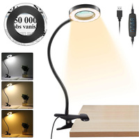 5X Magnifying Glass LED Desk Lamp with Clamp 3 Color Modes Dimmable USB Powered Flexible Gooseneck Reading Light Task Table Lamp