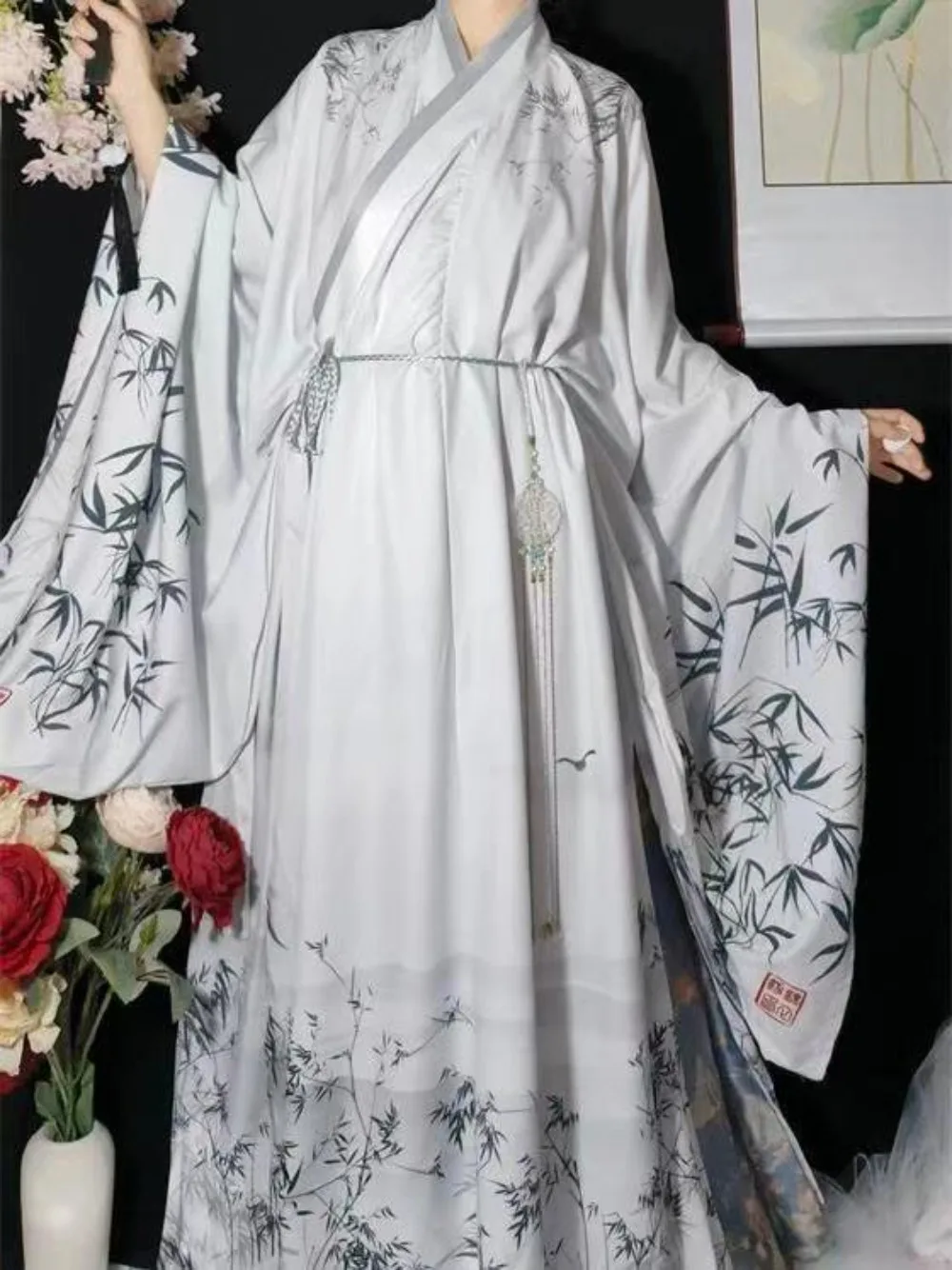 Hanfu tradicional chino antiguo para hombres, Kimono con estampado de bambú, chaqueta + vestido interior para Halloween, Carnaval, disfraz de Cosplay