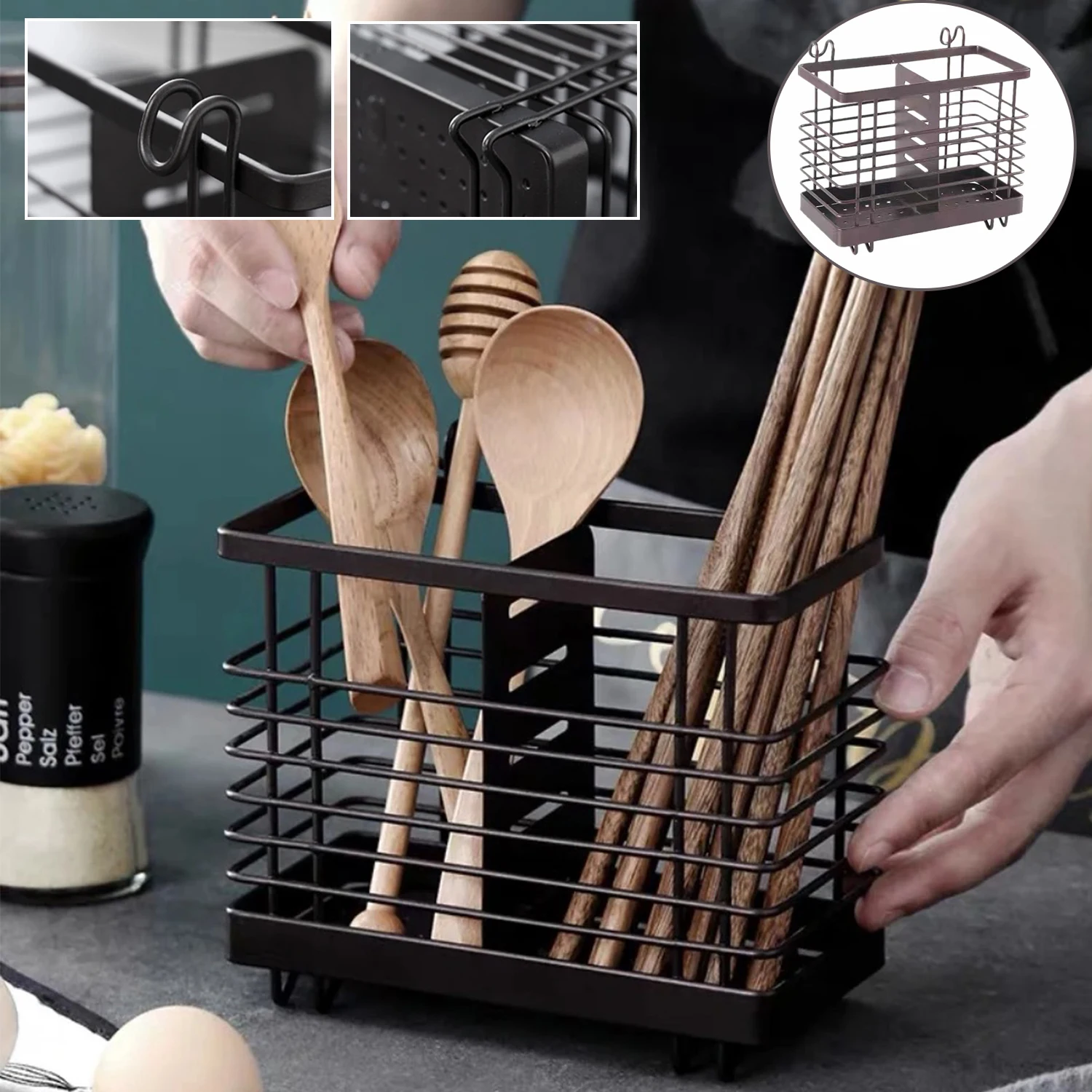 

Adjustable Iron Kitchen Utensil Holder with 2 Compartment Cooking Utensils Storage Organizer for Countertops Kitchen Accessories