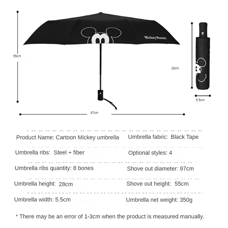 Disney Mickey Minnie Mouse Automatic Umbrella Rain Wind Resistant Fashion Sun Umbrellas Portable UV Folding Umbrellas Parasol