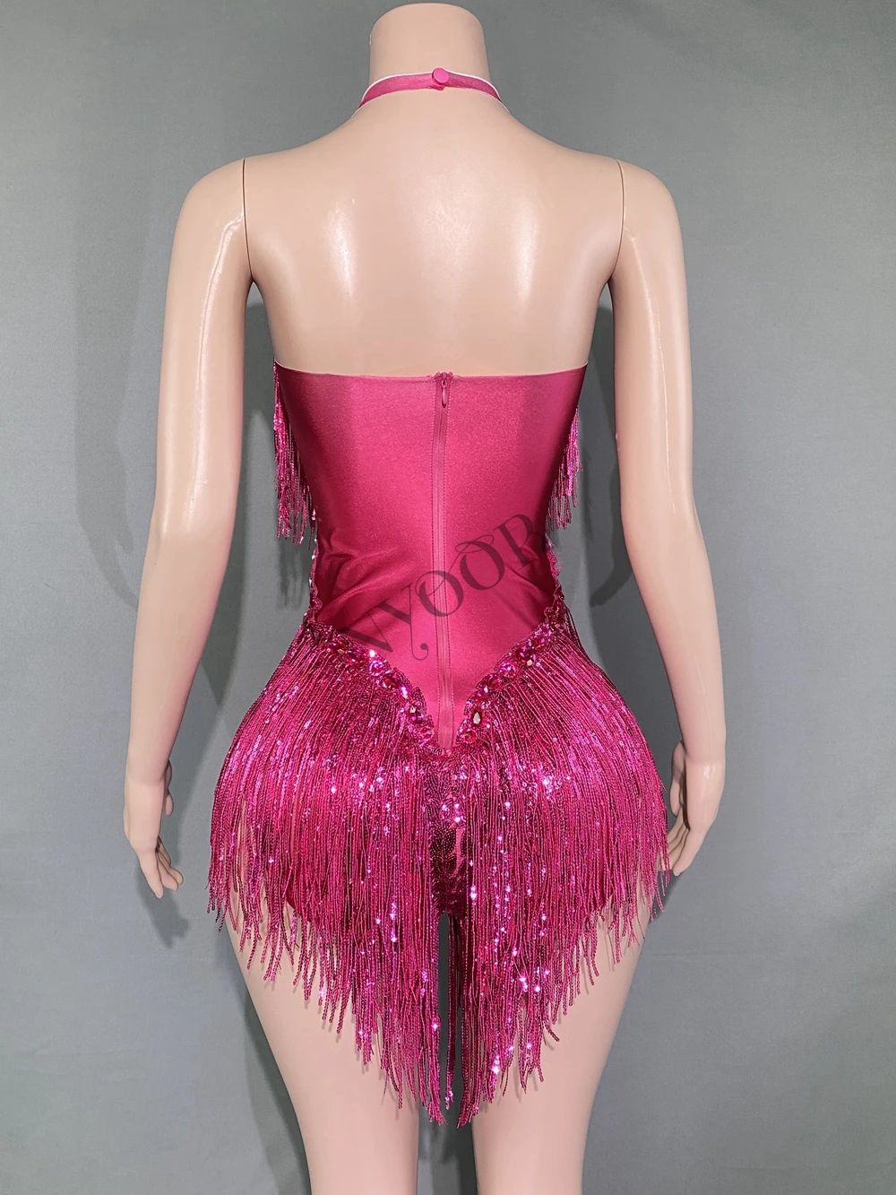 Sparkly Hot Pink Crystals Sequins Fringes Bodysuit for Women Sexy Backless Dance Costume Dancer Performance Show Stage Wear