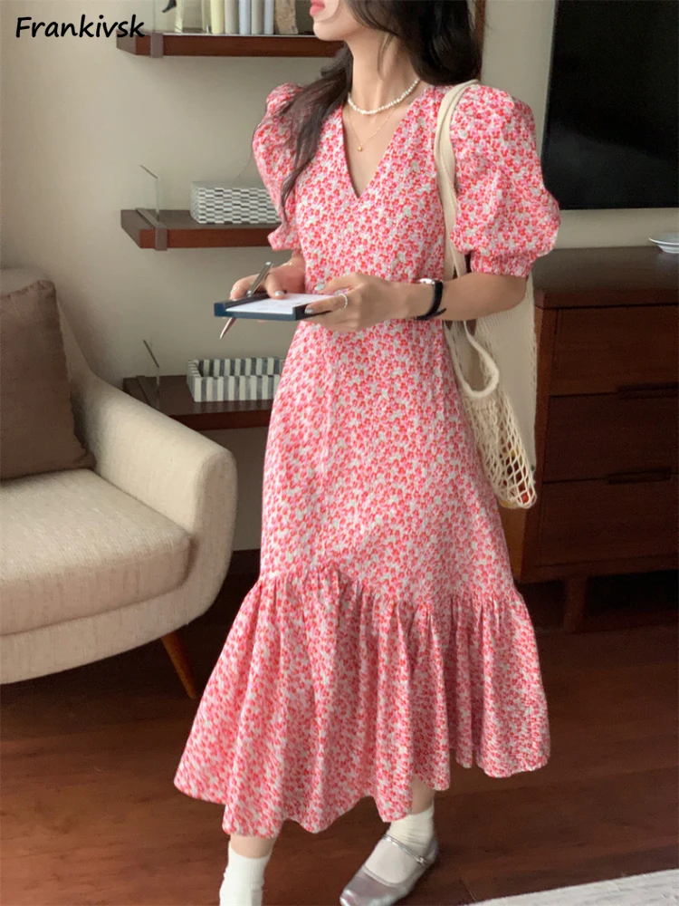 

Puff Sleeve Aesthetic Dresses for Women Summer Floral Printing Draped V-neck Harajuku Korean Style Spliced Sweet Girlish Retro