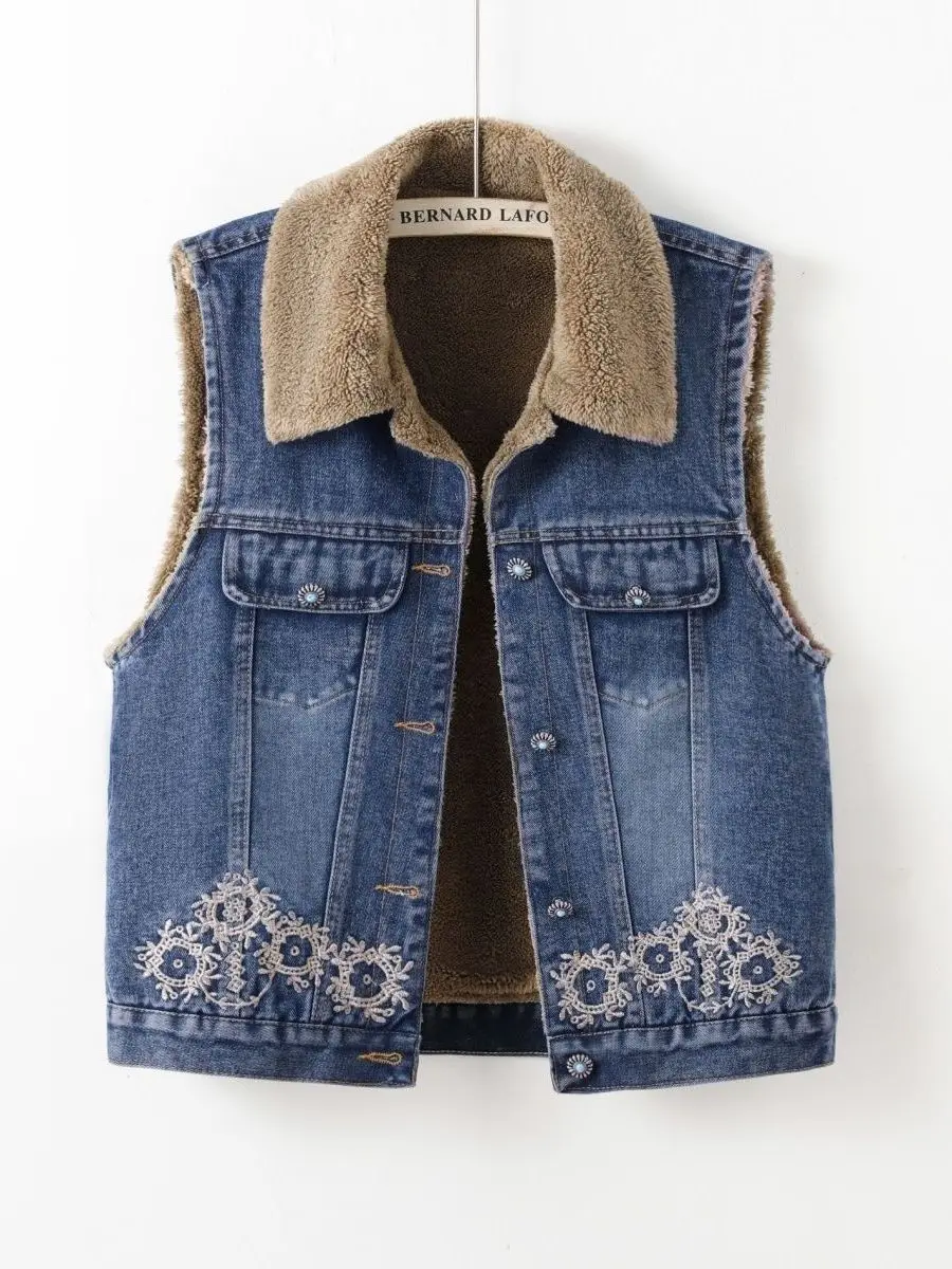 

Retro Blue Fce Lined Thi Denim Vest Women's Svel Jaet Casual Sle round Ne ort Length Winter Outerwear