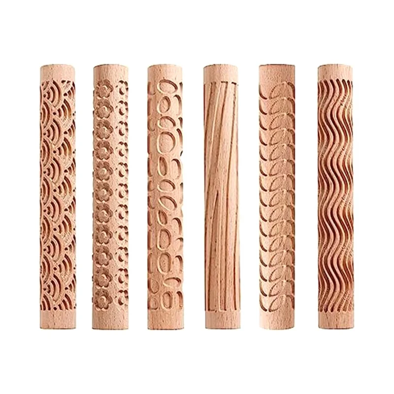 A98U Set of 6 Wood Clay Modeling Pattern Rollers Kit, Clay Rolling Pin Textured Hand Roller Wooden Handle Pottery Tools Set