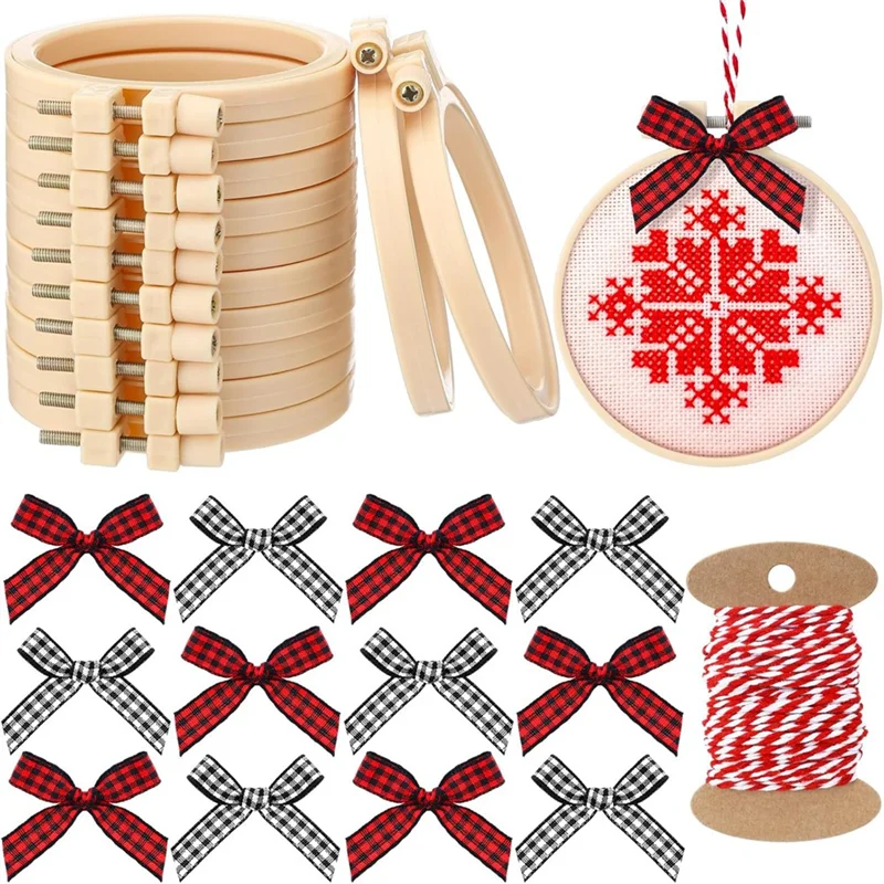 

25Pcs Christmas Embroidery Kit DIY Christmas Decorations Kit Embroidery Hoop Bamboo Hoop, Bowknot, Cotton Rope For DIY-A27R