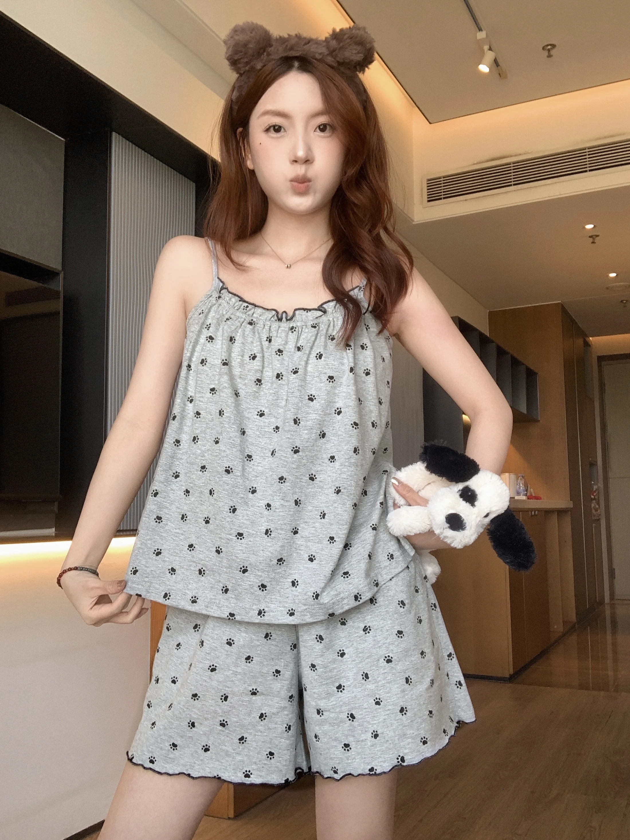 かわいいプリント純綿夏用パジャマ女性用ストラップショートパンツホーム服セット屋外でも着用可能快適なゆったりフィット