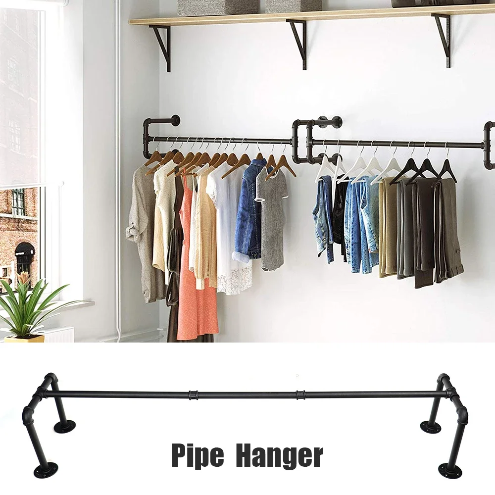 Industrial Pipe Clothes Rack, Heavy Duty Detachable Wall Mounted Black Iron Garment Bar,46 inch length Easy Assembly image 2