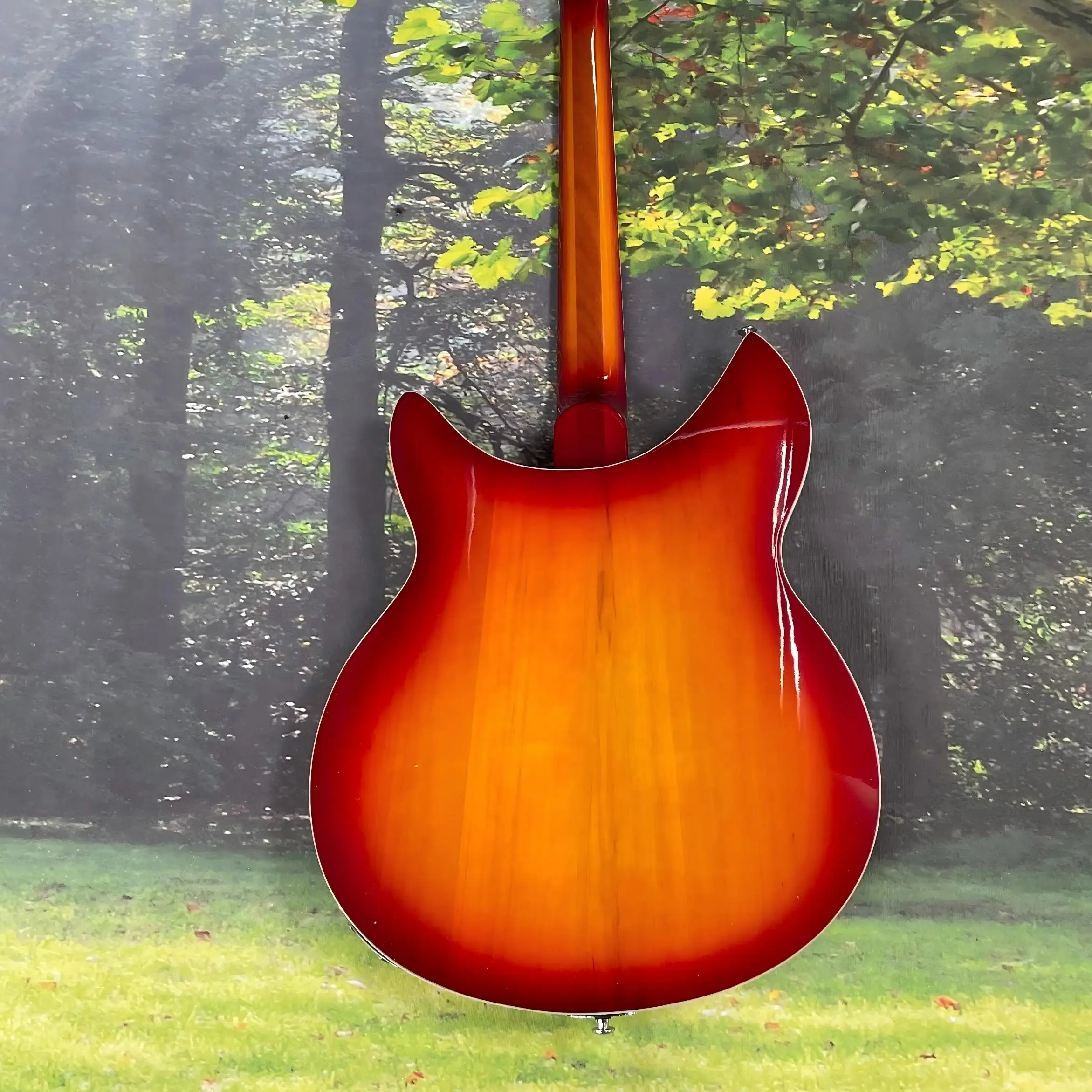 Semi Hollow Electric Guitar, Cherry to Sunset Orange Burst, 2 Single Coil Pickups, R Style Chrome Bridge, Britpop Jangle Rock