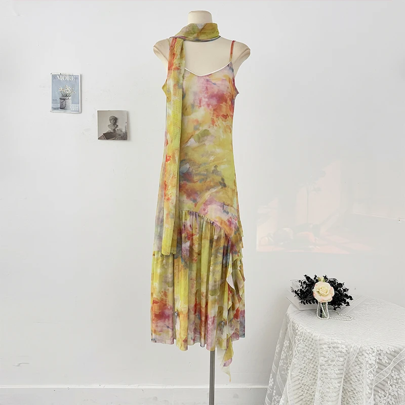 French Style Ombre Oil Painting Cami Dress Women Summer Beach Vacation Style High-Waist A-Line Pleated Bodycon Skirt Dress