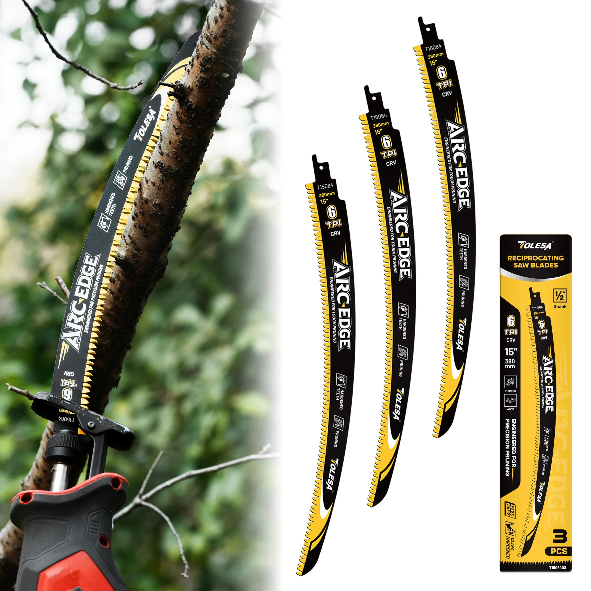 TOLESA 3Pcs 15inch Japanese Teeth Reciprocating Saw Blades 6TPI Arc Edge Wood Pruning Saw Blades for Tree Trimming Wood Cutting