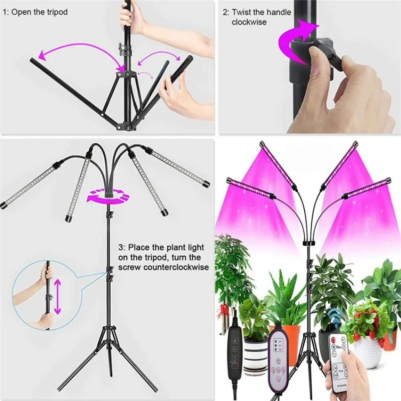 Lâmpada LED Full Spectrum Crescimento Vegetal, Temporizado, Controle Remoto, Suporte de dobramento, Vegetal, Mudas, Flor, Luz Suplementar