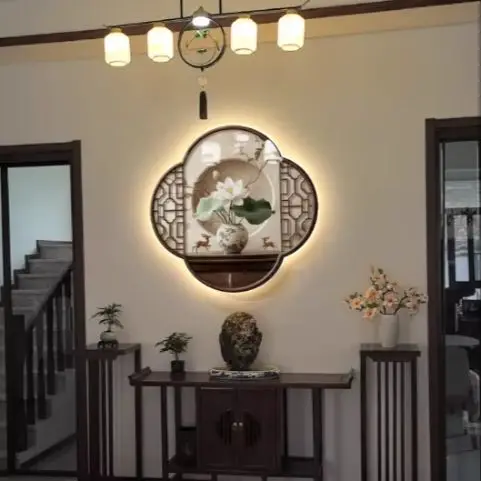Middle ancient style luminous lamp painting, entrance decoration, lotus flower living room, staircase corridor mural