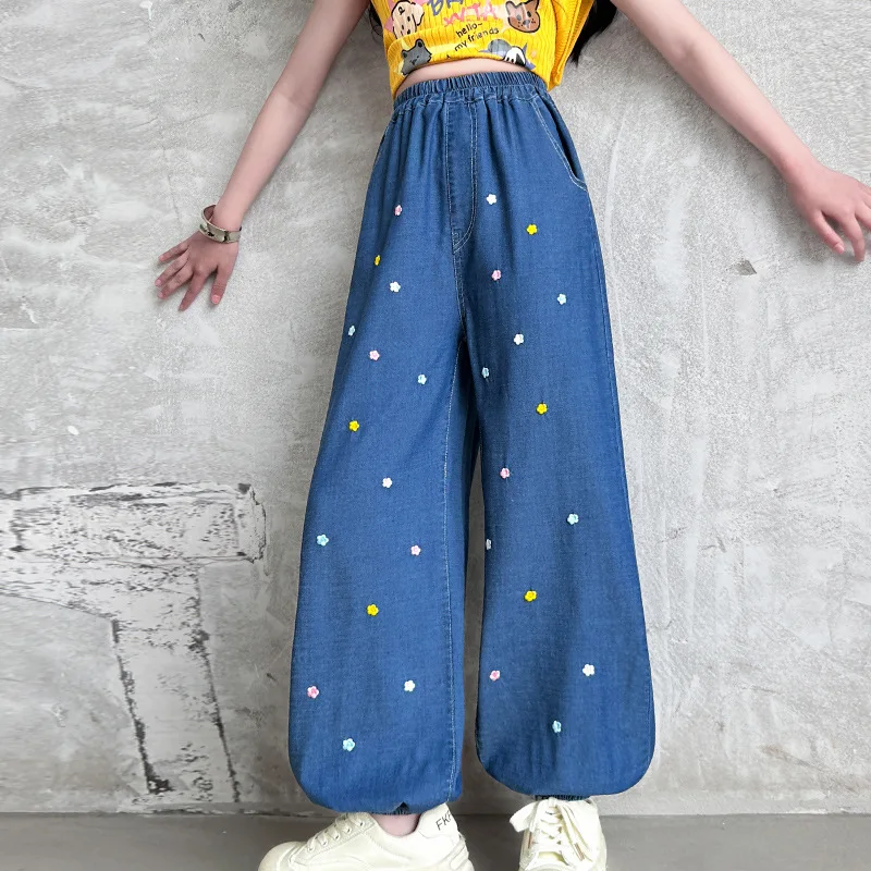 

Summer Girls' Jeans Kids Classic Style Thin Mosquito Repellent Denim Pants Child Small Flower Embroidered Ankle Elastic Trousers