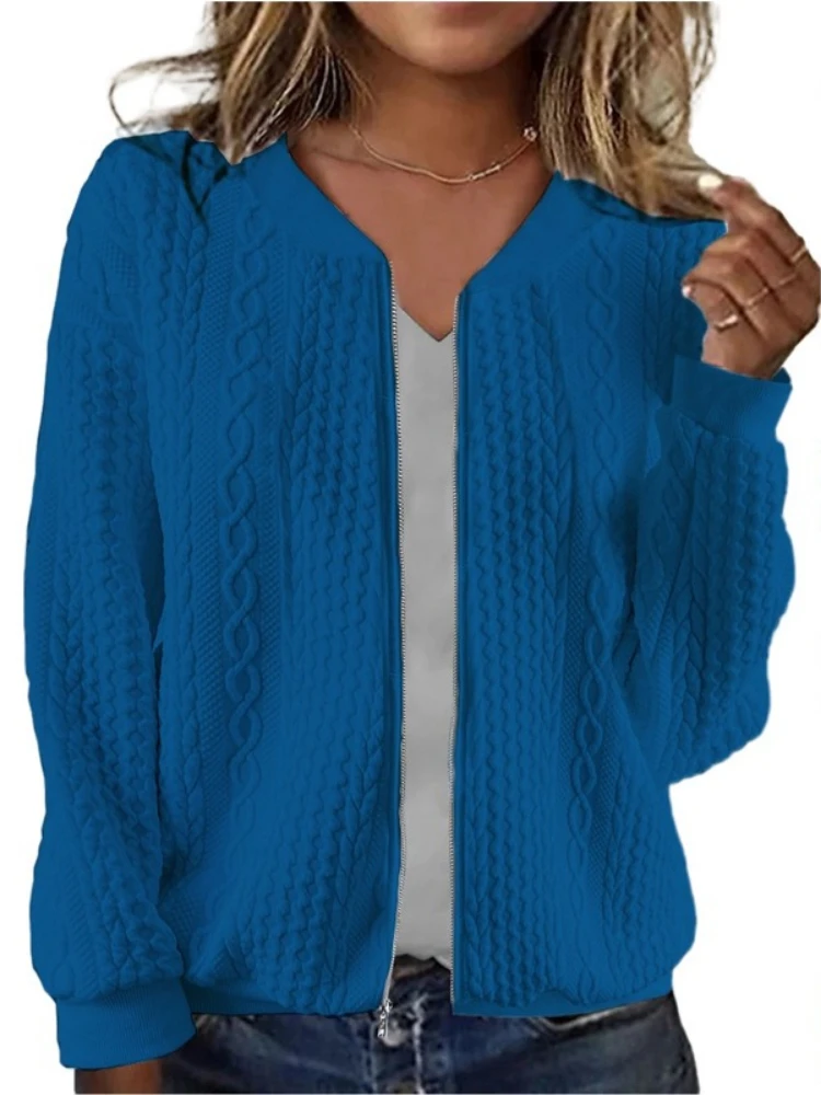 Otoño Invierno mujer Color sólido Casual cremallera Jacquard manga larga pantalón corto Casual chaquetas de moda sólida Tops de moda abrigo