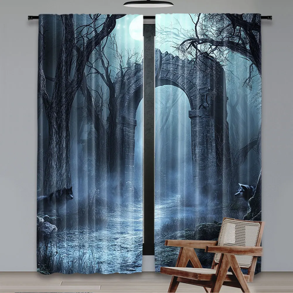 2Pcs Gloomy Scenery Curtain Moon Ancient Arch Ruins Forest Wolves Curtain Suitable For Living Room Bedroom