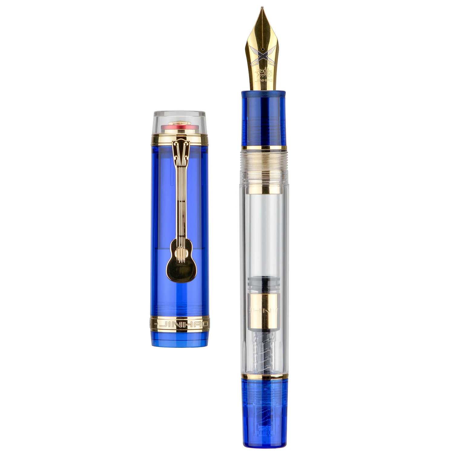 Jinhao 1935 Tiandao Series Fountain Pen #8 F/M Nib with Guitar Clip, Transparent and Blue Resin Writing Pen & Large Converter